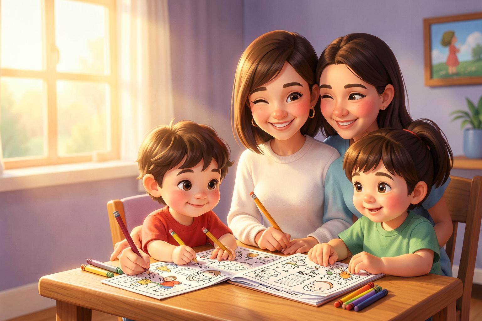 Família reunida enquanto as crianças fazem atividades ilustradas